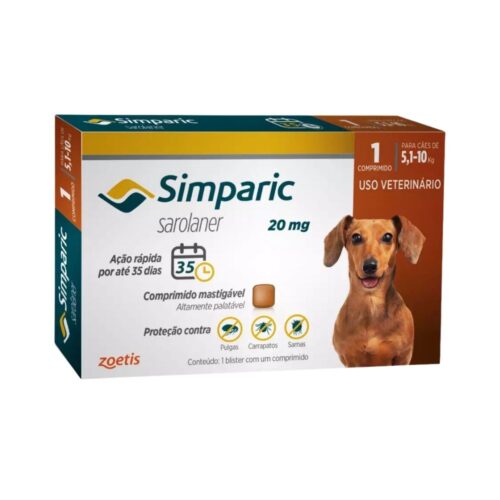 Antipulgas e Carrapatos Simparic 20Mg para Cães de 5,1 a 10kg caixa com 1 comprimido