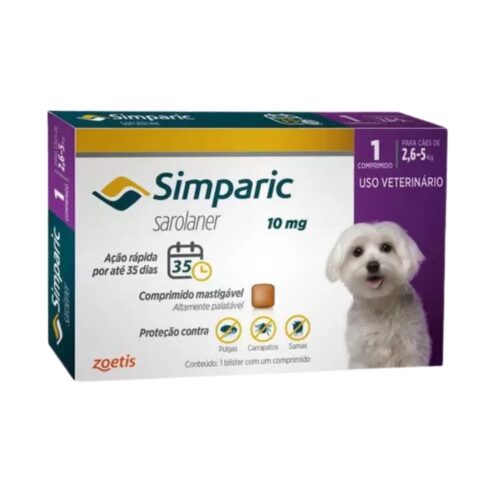 Antipulgas e Carrapatos Simparic 10Mg para Cães de 2,6 a 5kg caixa com 1 comprimido