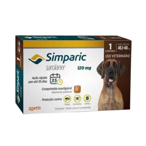 Antipulgas e Carrapatos Simparic 120Mg para Cães de 40kg a 60kg, caixa com 1 Comprimido