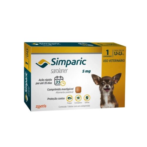 Antipulgas e Carrapatos Simparic 5Mg para cães 1,3 a 2,5 kg caixa com 1 comprimido