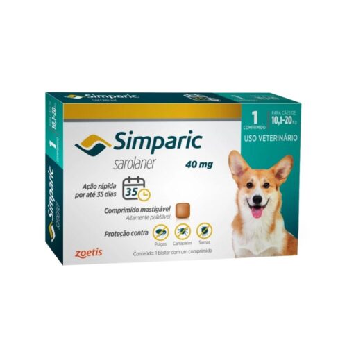 Antipulgas e Carrapatos Simparic 40Mg para cães 10,1 a 20 kg caixa com 1 comprimido